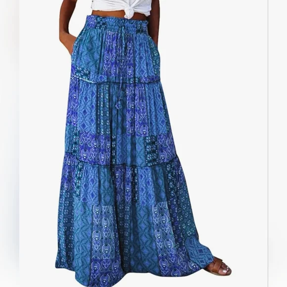 Boho Maxi Skirt Blue Patchwork Print 70s Hippie Style - Picture 3 of 9